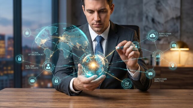 Professional businessman interacting with digital world map and supply chain analytics icons using augmented reality technology for business optimization.