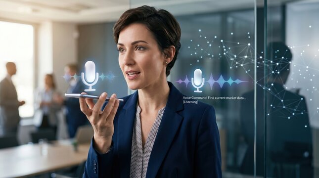 Professional woman using voice command assistant on smartphone to find market data with sound wave visualization and network connection graphic overlay.