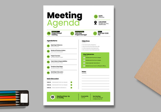 Modern Meeting Agenda Template With Green Corporate Layout