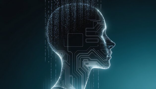 Digital illustration human profile with binary code data flow futuristic cyber technology concept