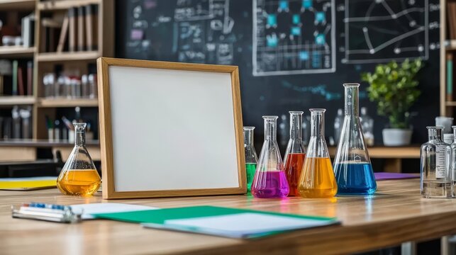 Vibrant laboratory beakers serve as a backdrop for an empty frame on a rustic wooden table.