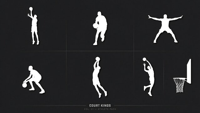 White silhouettes of basketball players in various action poses including shooting, dribbling, and dunking on a dark gray background set