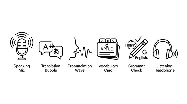 Language learning and communication line icons for educational mobile software interface.