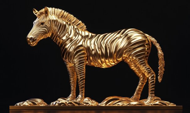 Meticulously crafted golden zebra sculpture stands proudly against a stark black background, showcasing its metallic form.