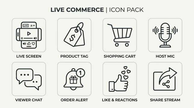 Live commerce icon pack depicting mobile streaming shopping features and viewer engagement.