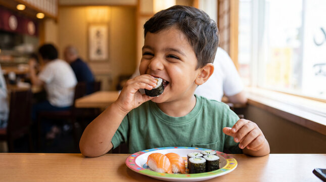 International Sushi Day little boy enjoying sushi roll with satisfied smile celebrating culinary culture for holiday promotional social media material
