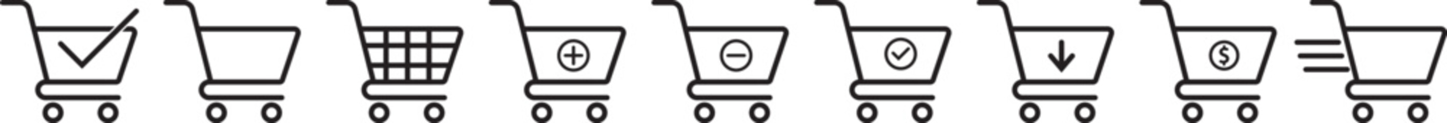 Shopping cart icons set for online store and e-commerce platforms. Shopping cart with money dollar icon set in solid, outline, and hand-drawn styles. Shopping cart icons set, Ecommerce basket symbols, © TASLIMA