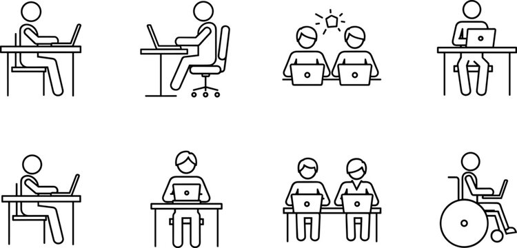Office workspace line icon set with people working on laptops at desks