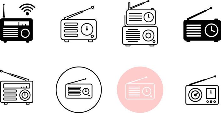 Retro vintage radio receiver antenna wireless communication multimedia broadcasting device icon set