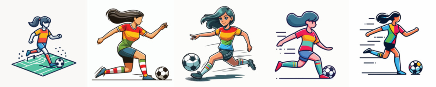 Female football player cartoon character set, cute women soccer athletes vector illustrations