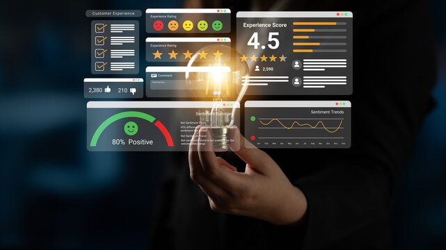 Feedback system with ratings, sentiment meter, and charts representing customer satisfaction and experience analysis Parse