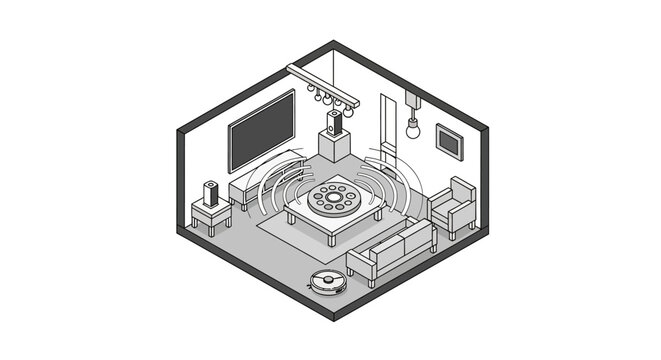 An isometric view of a modern living room featuring smart home technology devices