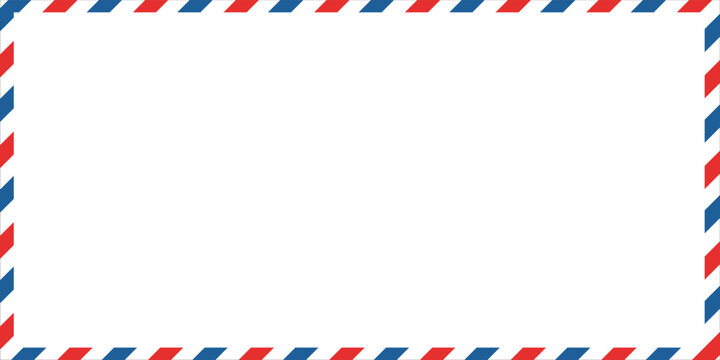 Airmail envelope frame with blue and red stripes on white background. International vintage letter border. Retro air mail postcard. Blank envelope.