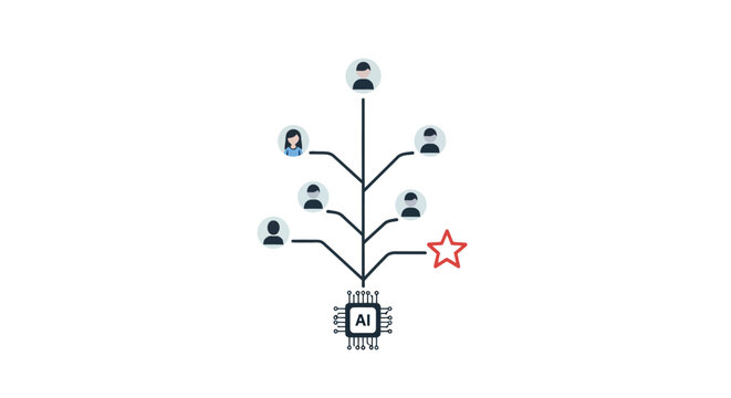 A digital illustration showing a central processor connected to various human avatars