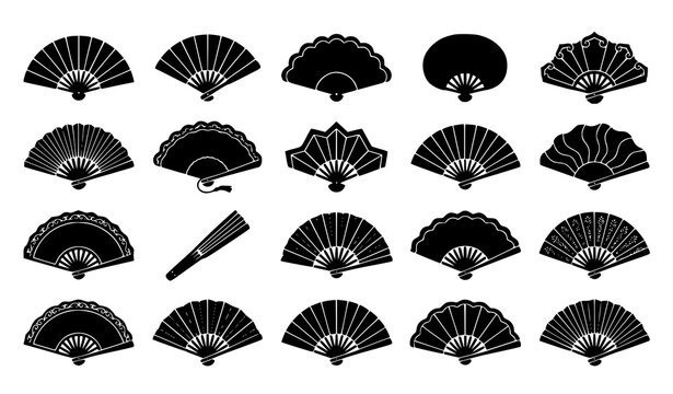 Black silhouette Chinese and Japanese folding hand fan icon collection with traditional paper fan vector elements isolated