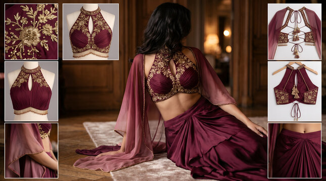 Elegant maroon lehenga choli with gold embroidery and cape sleeve details fashion collage