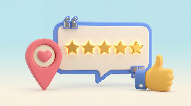 Five star review, thumbs up, and heart icon in location pin minimalist background