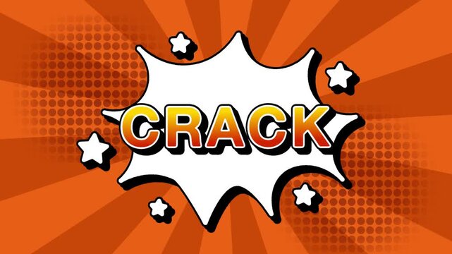 Crack text word lettering popup comic cartoon reveal with bomb and smoke explosion manga anime book page dots with radial speed lines doodle orange background with seamless loop animation retro