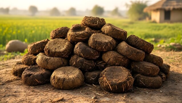 Dung cake Heap image keeping in sun shine for making dry village background generated by AI 