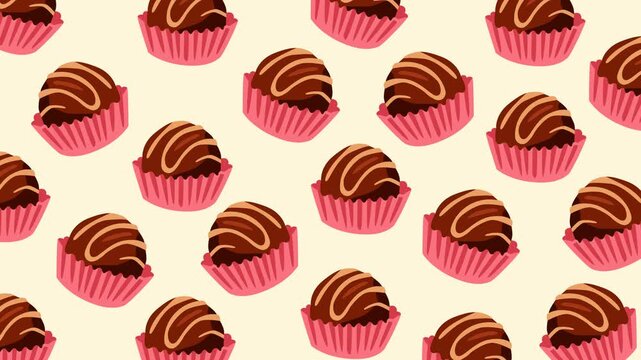 Seamless looping pattern featuring chocolate truffles in pink paper cups on a soft background. Ideal for confectionery promotions, dessert branding, packaging, advertising, and sweet-themed motion