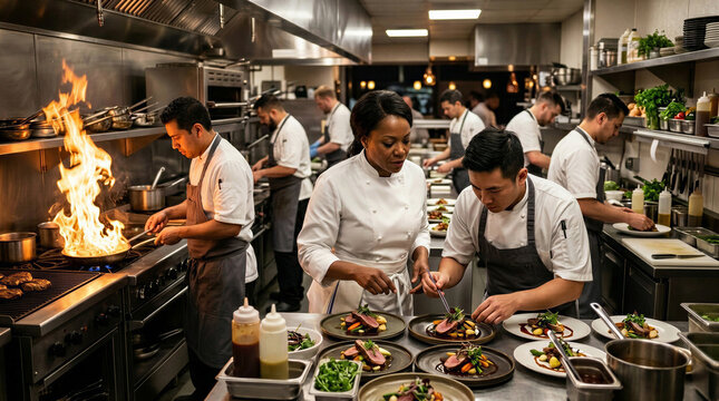 Professional team of chefs working together in a premium open restaurant kitchen during dinner service.