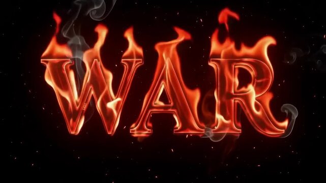 War text rendered in bright orange flames with swirling smoke and glowing embers in this dynamic motion graphics animation clip designed for high impact cinematic intros featuring intense thermal ener