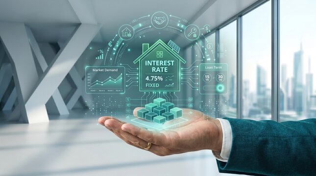 Holographic mortgage interest rate display, 4.75% fixed loan term, market demand graph, real estate finance concept, hand holding digital house data, banking technology interface
