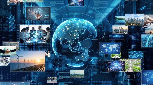 Global technology network concept with digital earth, business team collaboration, renewable energy wind turbines and smart city infrastructure collage.