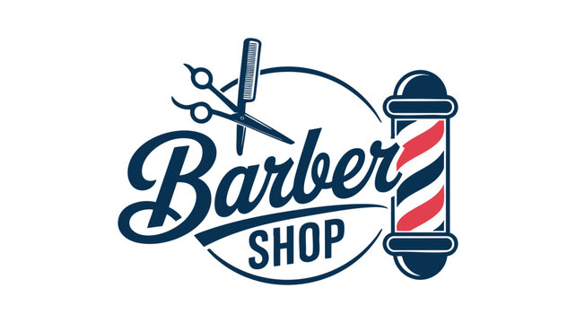 Barber Shop Logo with Scissors, Comb, and Striped Pole Featuring Haircut, Haircut, Grooming with Salon and Barbering Elements for Hairstyle, Hair