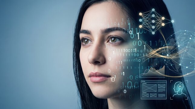 Close up portrait of a young woman with futuristic artificial intelligence interface overlay featuring binary code, neural networks, and data graphics