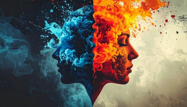 Human Profile with Explosive Colorful Emotions.