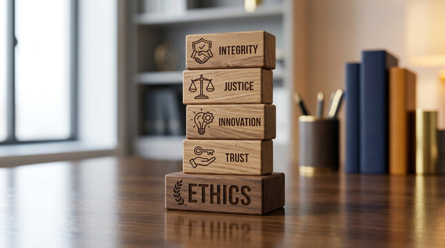 Wooden blocks with ethics and justice symbols isolated on transparent background, representing moral values.