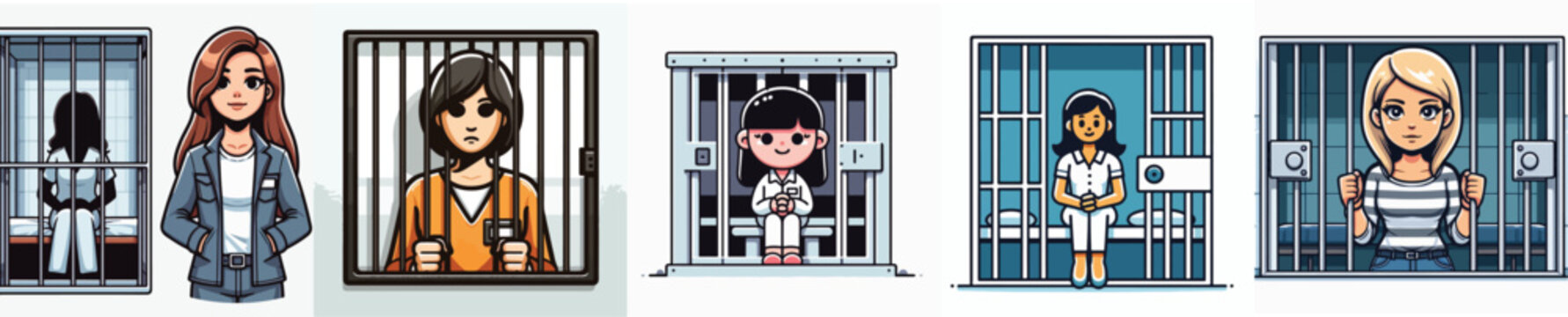 Female prisoner behind bars cartoon character set, sad woman in jail cell vector illustrations