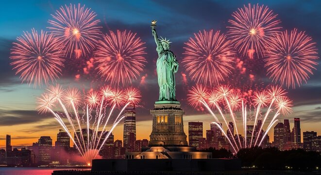 Statue of liberty with fireworks display at night