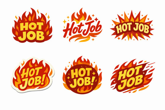 Burning hot job labels and badges with flames promoting urgent hiring, job openings and recruitment&mdash;vibrant fire-themed icons and banners for career opportunities and job search