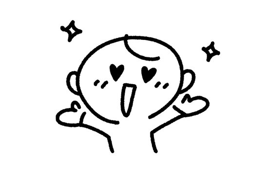目がハートになる笑顔の男性のかわいい手描きモノクロ線画（恋愛・推し活・好き）