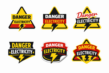 Fototapeta premium Set of danger electricity warning labels, icons, and badges featuring a lightning bolt symbol, providing a vital visual alert for electrical hazards and safety concerns