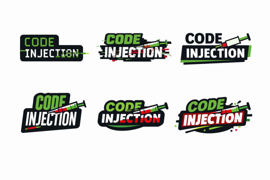 Code injection concept illustrations set, featuring text, syringe icon, and glitch effects, representing cybersecurity threats, software vulnerabilities, and malicious code attacks