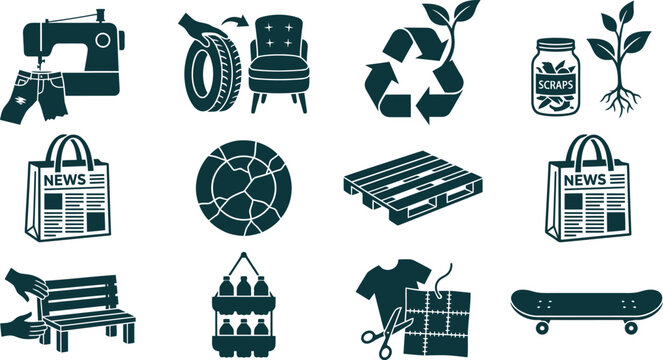 Sustainability circular economy graphics bundle of ten simple elements including sewing machine jeans tire chair recycling sign sprout scraps plant