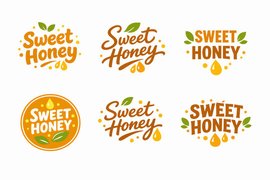 Sweet honey logotypes collection showcasing various organic food branding emblems with leaves, drips, and decorative elements, perfect for product packaging or natural syrup labels