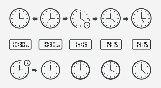 Time Progression: Analog and Digital Clocks Showing Time Passing, AM/PM and 24-Hour Formats