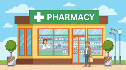 Obraz premium Illustration of a man standing outside a pharmacy storefront with a pharmacist inside.