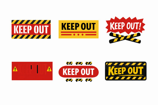 Keep out sign collection in varied graphic styles featuring caution stripes, warning symbols and explicit text to indicate prohibition, restricted access, danger and private property