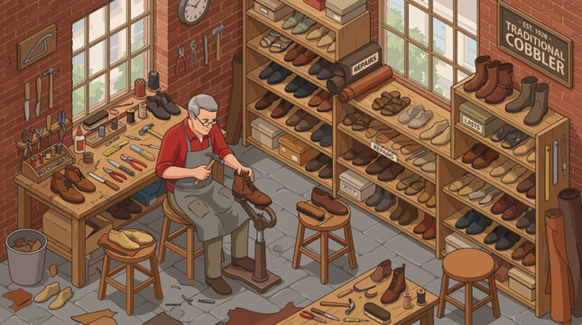An older shoemaker sitting and working on a shoe in a cluttered workshop with wooden shelves and tools.