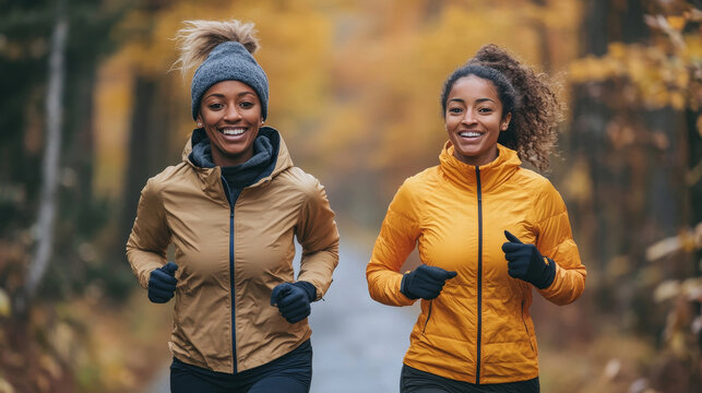 Two smiling black women in autumn activewear enjoy a joyful run together on a scenic forest trail.