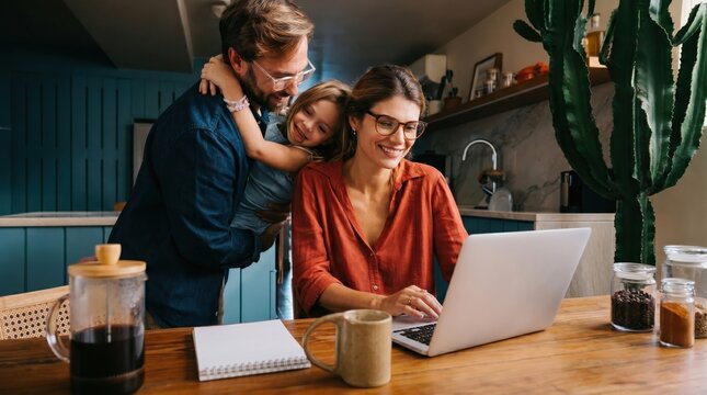 Parents and child looking at laptop screen in modern kitchen interior, family bonding and digital learning or entertainment at home environment concept