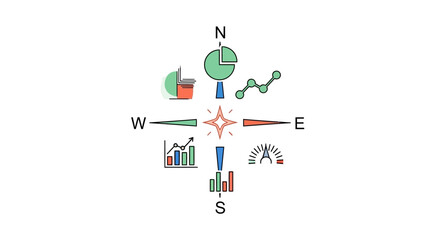 A compass design featuring various business data charts and financial growth indicators © Muhamad