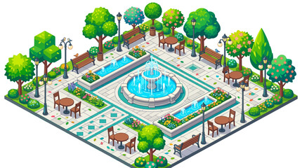 Fototapeta premium Isometric illustration of a vibrant city park with a large fountain, trees, benches, and a walking path on a white background.