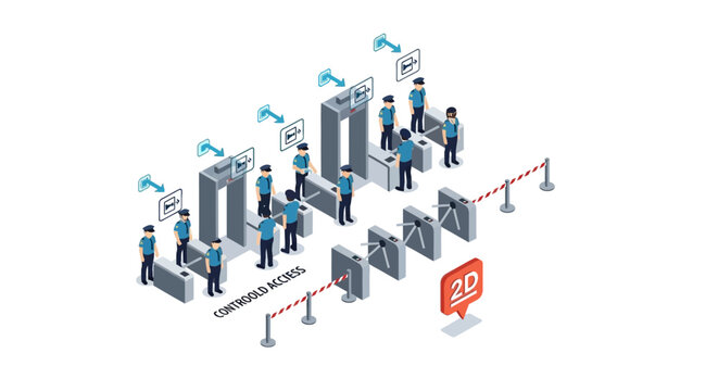 An isometric illustration showing security personnel at a controlled access checkpoint