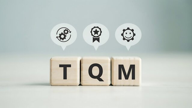 Total Quality Management Conceptual Blocks with Improvement and Customer Satisfaction Icons for Business Strategy and Process Excellence